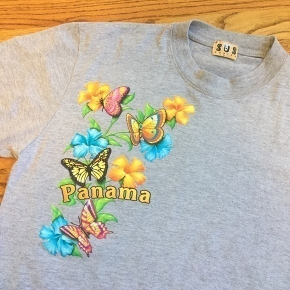 Panama Butterfly and Flower Short Sleeve Grey Women’s Cotton Tee - Large
